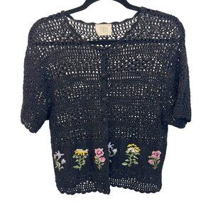 Vintage Black Open Knit Crochet Needlepoint Floral Cardigan Cottagecore SMALL